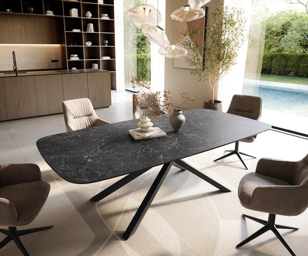 DELIFE Étkezőasztal Edge hajóformájú 240x120 cm Laminam® Nero Greco kerámia antracit kereszt láb téglalap alakú fekete
