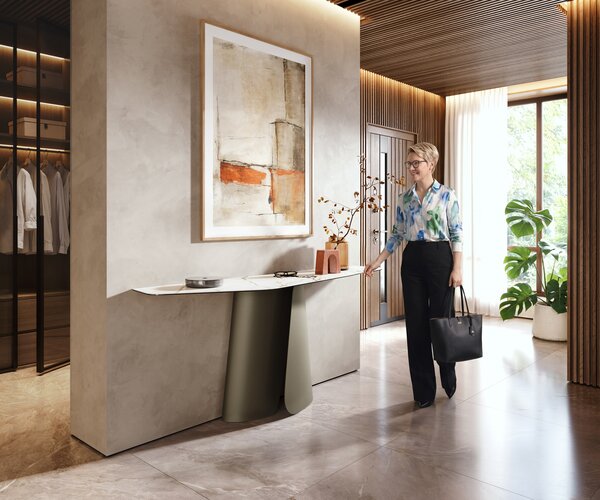 DELIFE Konzolasztal Edge poligonális 180x50 cm kerámia Calacatta Luxe fehér arany szürke Livos fém titán színű effekt finish