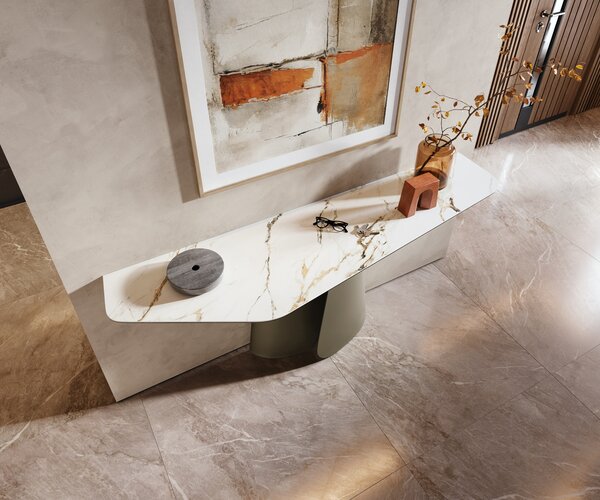 DELIFE Konzolasztal Edge poligonális 180x50 cm kerámia Calacatta Luxe fehér arany szürke Livos fém titán színű effekt finish