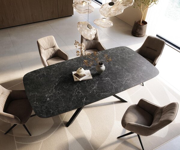 DELIFE Étkezőasztal Edge hajóformájú 240x120 cm Laminam® Nero Greco kerámia antracit kereszt láb téglalap alakú fekete