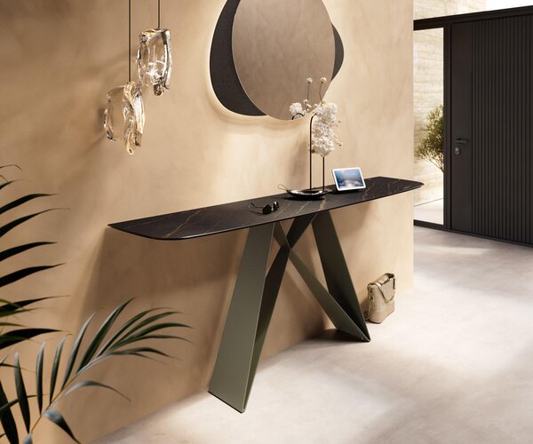 DELIFE Konzolasztal Edge hajóformájú 180x40 cm Laminam® kerámia Noir Desir barna Velio fém titán effekt finish