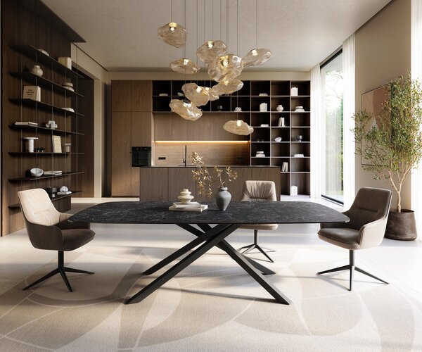 DELIFE Étkezőasztal Edge hajóformájú 240x120 cm Laminam® Nero Greco kerámia antracit kereszt láb téglalap alakú fekete