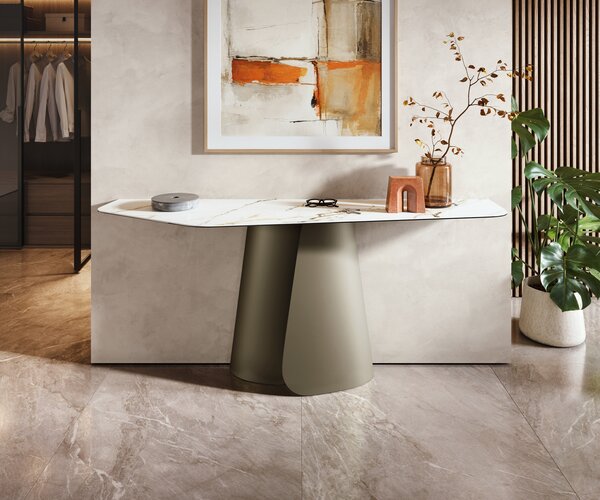 DELIFE Konzolasztal Edge poligonális 180x50 cm kerámia Calacatta Luxe fehér arany szürke Livos fém titán színű effekt finish