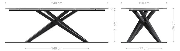 DELIFE Étkezőasztal Edge hajóformájú 240x120 cm Laminam® Nero Greco kerámia antracit kereszt láb téglalap alakú fekete