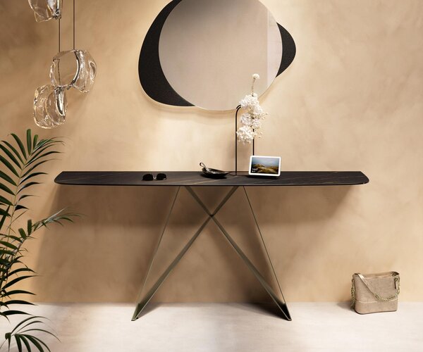 DELIFE Konzolasztal Edge hajóformájú 180x40 cm Laminam® kerámia Noir Desir barna Velio fém titán effekt finish