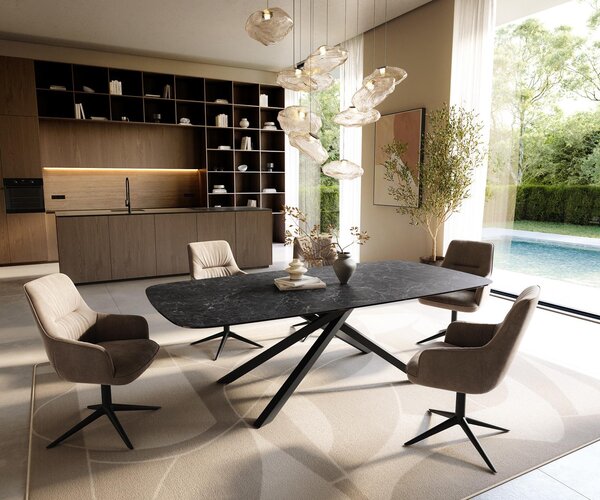 DELIFE Étkezőasztal Edge hajóformájú 240x120 cm Laminam® Nero Greco kerámia antracit kereszt láb téglalap alakú fekete