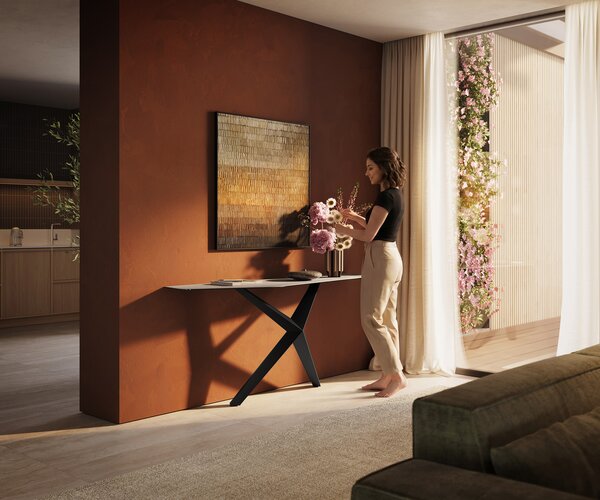 DELIFE Konzolasztal Edge poligonális 180x50 cm Laminam® Travertino Bianco krémfehér Zentharo fém fekete