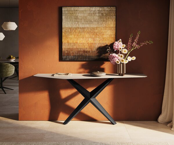 DELIFE Konzolasztal Edge poligonális 180x50 cm Laminam® Travertino Bianco krémfehér Zentharo fém fekete