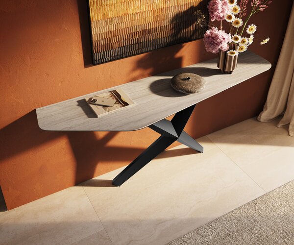 DELIFE Konzolasztal Edge poligonális 180x50 cm Laminam® Travertino Bianco krémfehér Zentharo fém fekete