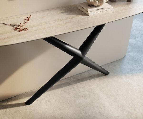 DELIFE Konzolasztal Edge hajóformájú 140x40 cm Laminam® Travertino Bianco krémfehér Estelo fém fekete
