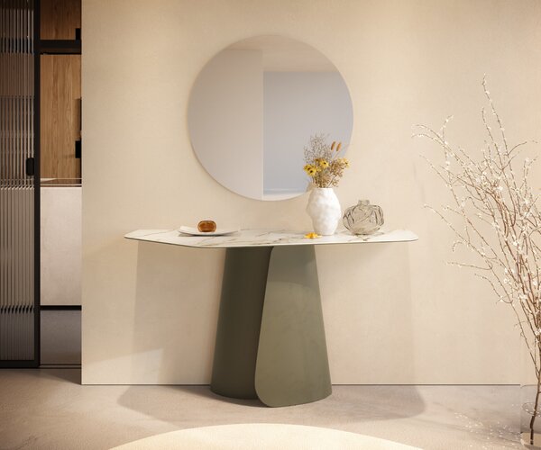 DELIFE Konzolasztal Edge poligonális 140x50 cm kerámia Calacatta Luxe fehér arany szürke Livos fém titán effekt finish