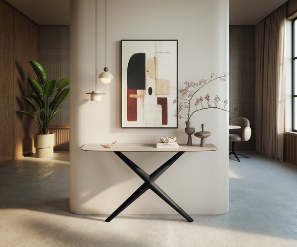 DELIFE Konzolasztal Edge hajóformájú 140x40 cm Laminam® Travertino Bianco krémfehér Estelo fém fekete