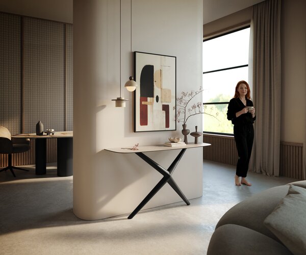 DELIFE Konzolasztal Edge hajóformájú 140x40 cm Laminam® Travertino Bianco krémfehér Estelo fém fekete