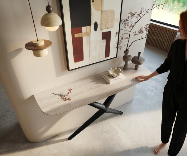 DELIFE Konzolasztal Edge hajóformájú 140x40 cm Laminam® Travertino Bianco krémfehér Estelo fém fekete