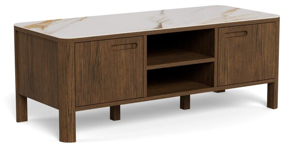TV-állvány Norsica Melfero 107, Természetes fa furnér, 45x120x40cm, Sötét tölgy, Fehér márvány, Tölgy