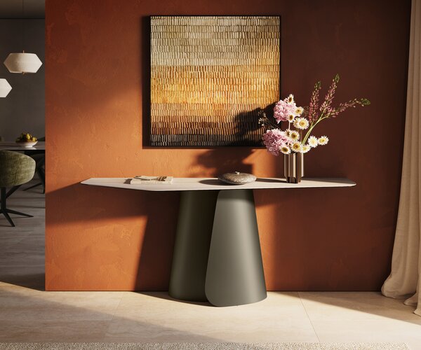 DELIFE Konzolasztal Edge poligonális 180x50 cm kerámia Laminam® Travertino Bianco krémfehér Livos fém titán effekt finish