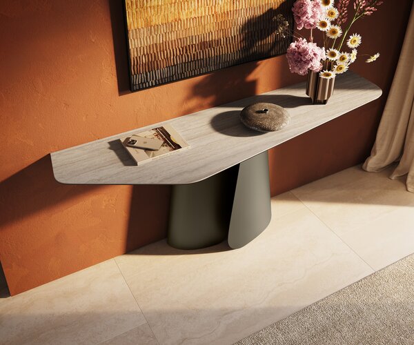 DELIFE Konzolasztal Edge poligonális 180x50 cm kerámia Laminam® Travertino Bianco krémfehér Livos fém titán effekt finish
