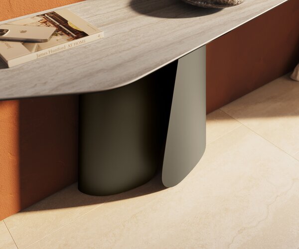 DELIFE Konzolasztal Edge poligonális 180x50 cm kerámia Laminam® Travertino Bianco krémfehér Livos fém titán effekt finish