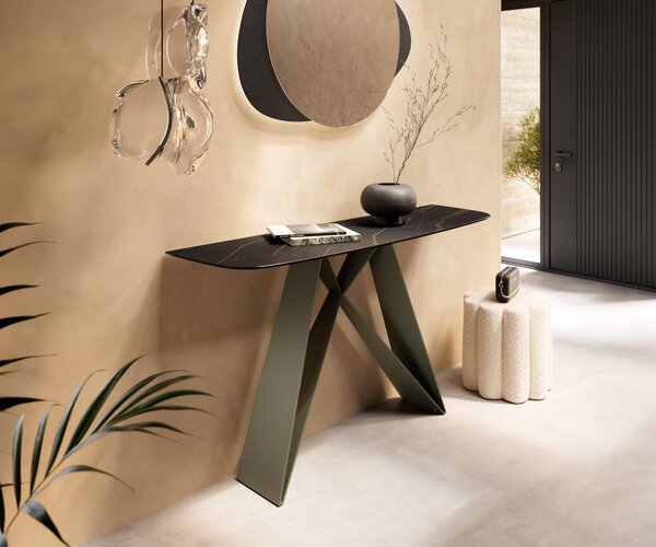 DELIFE Konzolasztal Edge hajóformájú 140x40 cm Laminam® kerámia Noir Desir barna Velio fém titán színű effekt finish