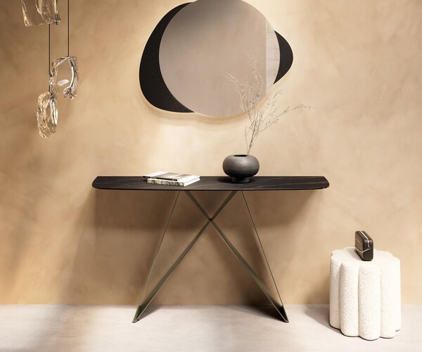 DELIFE Konzolasztal Edge hajóformájú 140x40 cm Laminam® kerámia Noir Desir barna Velio fém titán színű effekt finish