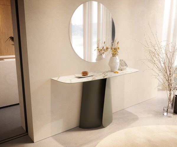 DELIFE Konzolasztal Edge hajóformájú 140x40 cm kerámia calacatta luxe fehér arany szürke livos fém titán színű effekt finish