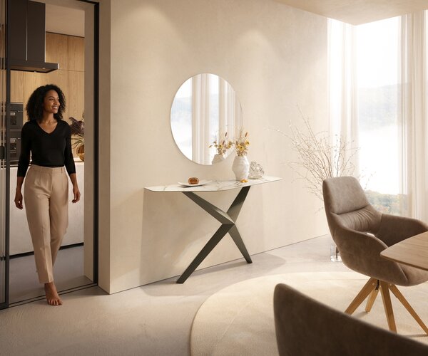 DELIFE Konzolasztal Edge polygonális 140x50 cm kerámia calacatta luxe fehér arany szürke Zentharo fém titán színű effekt finish