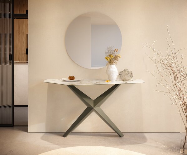 DELIFE Konzolasztal Edge polygonális 140x50 cm kerámia calacatta luxe fehér arany szürke Zentharo fém titán színű effekt finish