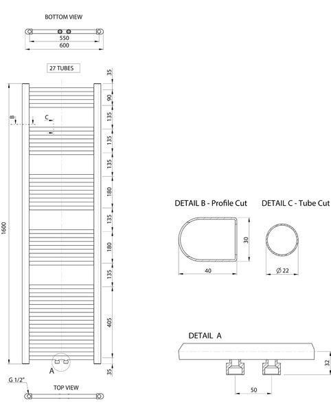 Aqualine Aqualine, ALYA fűtőelem egyenes 600x1600 mm, központi csatlakozás, króm, LLS305