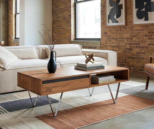 DELIFE Dohányzóasztal Stonegrace 115x60x35 cm akác természetes pala 2 fiók 1 rekesz