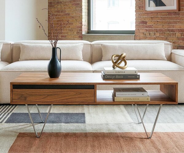 DELIFE Dohányzóasztal Stonegrace 115x60x35 cm akác természetes pala 2 fiók 1 rekesz