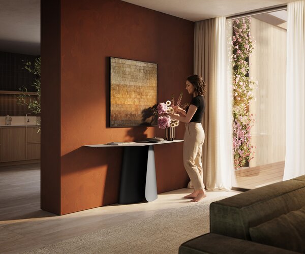 DELIFE Konzolasztal Edge poligonális 180x50 cm Laminam® Travertino Bianco krémfehér Livos fém fekete