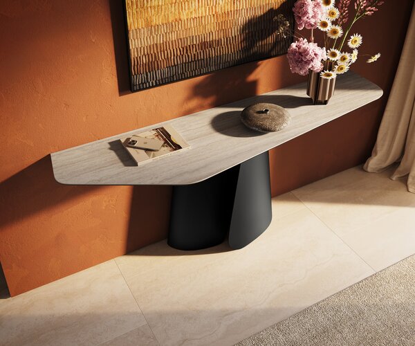 DELIFE Konzolasztal Edge poligonális 180x50 cm Laminam® Travertino Bianco krémfehér Livos fém fekete