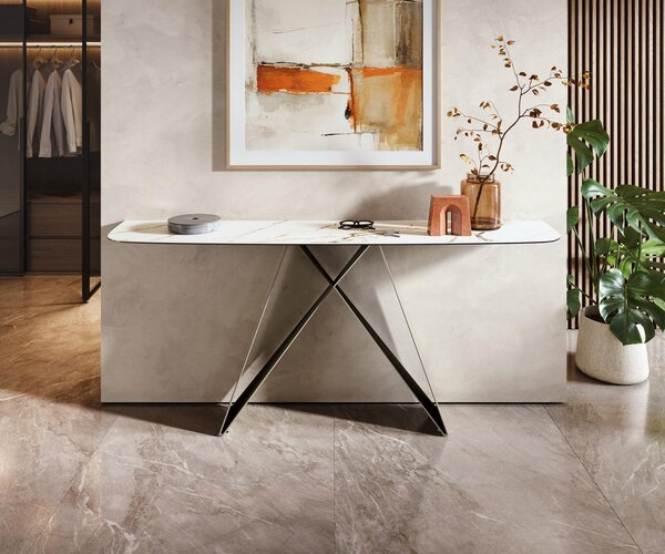 DELIFE Konzolasztal Edge hajóformájú 180x40 cm kerámia calacatta luxe fehér arany szürke Velio fém titán színű effektfinish