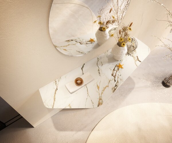 DELIFE Konzolasztal Edge poligonális 140x50 cm kerámia calacatta luxe fehér arany szürke Spios fém titán színű effekt finish