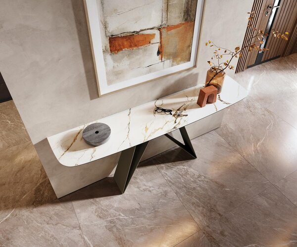 DELIFE Konzolasztal Edge hajóformájú 180x40 cm kerámia calacatta luxe fehér arany szürke Velio fém titán színű effektfinish