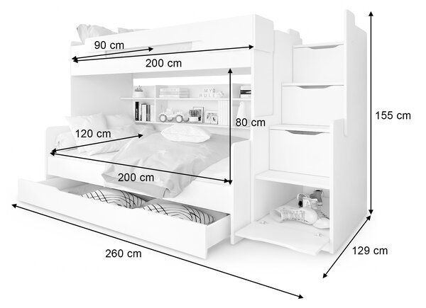 HOREY 120x200 multifunkciós emeletes ágy - fehér/tölgy