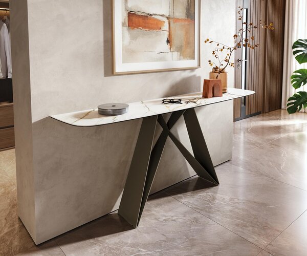 DELIFE Konzolasztal Edge hajóformájú 180x40 cm kerámia calacatta luxe fehér arany szürke Velio fém titán színű effektfinish