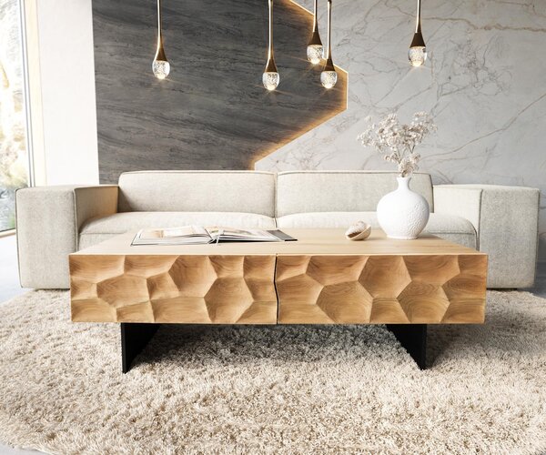 DELIFE Dohányzóasztal Solu 120x70 cm tölgy természetes 4 fiók lebegő fém láb fekete 3D előlap