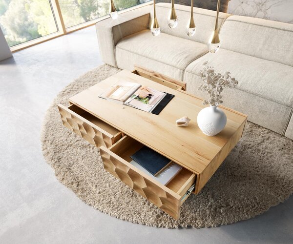 DELIFE Dohányzóasztal Solu 120x70 cm tölgy természetes 4 fiók lebegő fém láb fekete 3D előlap