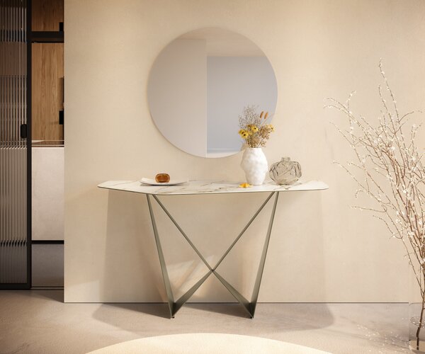 DELIFE Konzolasztal Edge poligonális 140x50 cm kerámia calacatta luxe fehér arany szürke Spios fém titán színű effekt finish