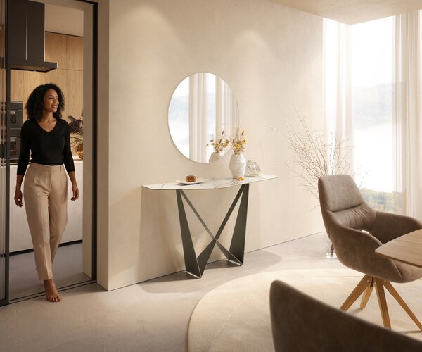 DELIFE Konzolasztal Edge poligonális 140x50 cm kerámia calacatta luxe fehér arany szürke Spios fém titán színű effekt finish