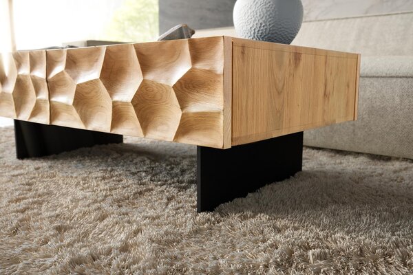 DELIFE Dohányzóasztal Solu 120x70 cm tölgy természetes 4 fiók lebegő fém láb fekete 3D előlap