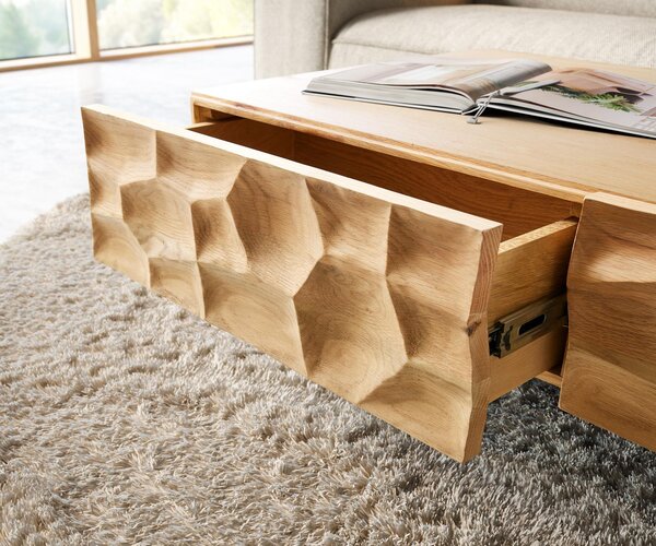 DELIFE Dohányzóasztal Solu 120x70 cm tölgy természetes 4 fiók lebegő fém láb fekete 3D előlap