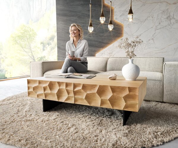 DELIFE Dohányzóasztal Solu 120x70 cm tölgy természetes 4 fiók lebegő fém láb fekete 3D előlap