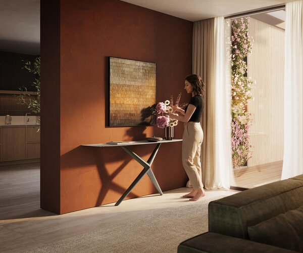 DELIFE Konzolasztal Edge hajóformájú 180x40 cm kerámia Laminam® Travertino Bianco krémfehér Estelo fém titán színű effekt finish