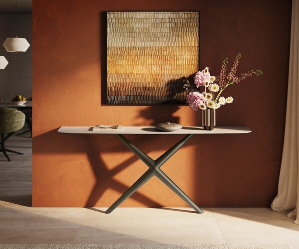 DELIFE Konzolasztal Edge hajóformájú 180x40 cm kerámia Laminam® Travertino Bianco krémfehér Estelo fém titán színű effekt finish
