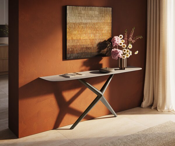 DELIFE Konzolasztal Edge hajóformájú 180x40 cm kerámia Laminam® Travertino Bianco krémfehér Estelo fém titán színű effekt finish