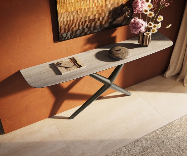 DELIFE Konzolasztal Edge hajóformájú 180x40 cm kerámia Laminam® Travertino Bianco krémfehér Estelo fém titán színű effekt finish