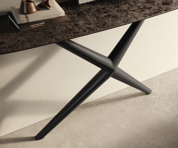 DELIFE Konzolasztal Edge hajóformájú 140x40 cm kerámia emperador extra lucidált sötétbarna Estelo fém fekete