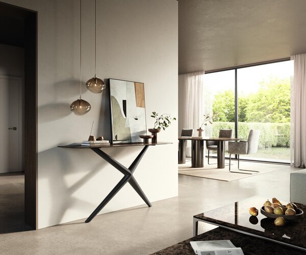 DELIFE Konzolasztal Edge hajóformájú 140x40 cm kerámia emperador extra lucidált sötétbarna Estelo fém fekete